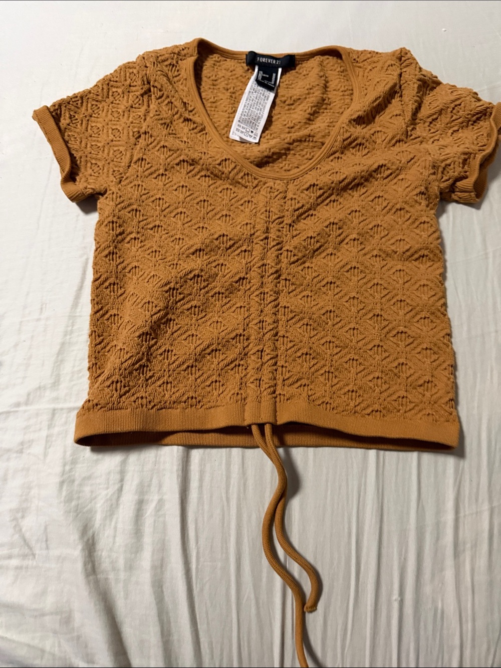 Forever 21 Women's Textured Knit Drawstring Crop Top - Mustard Brown
